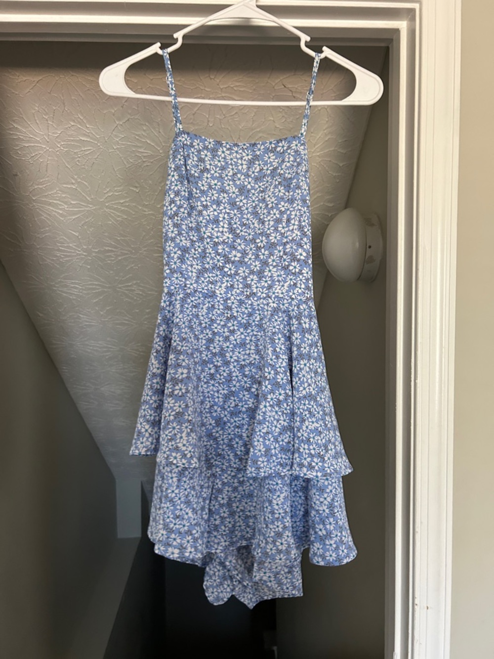 Blue Floral Tiered Spaghetti Strap Romper